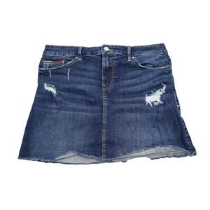 Tommy Jeans Skirt Womens 10 Blue Flat Front Denim Pockets Distressed Bottoms